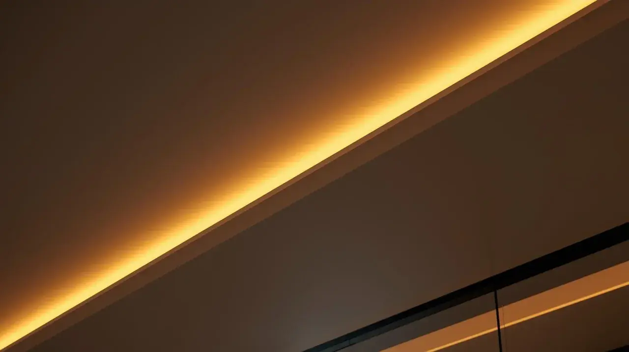 Éclairage indirect chaleureux, comme si on venait de brancher ruban led sur interrupteur pour créer une ambiance douce.