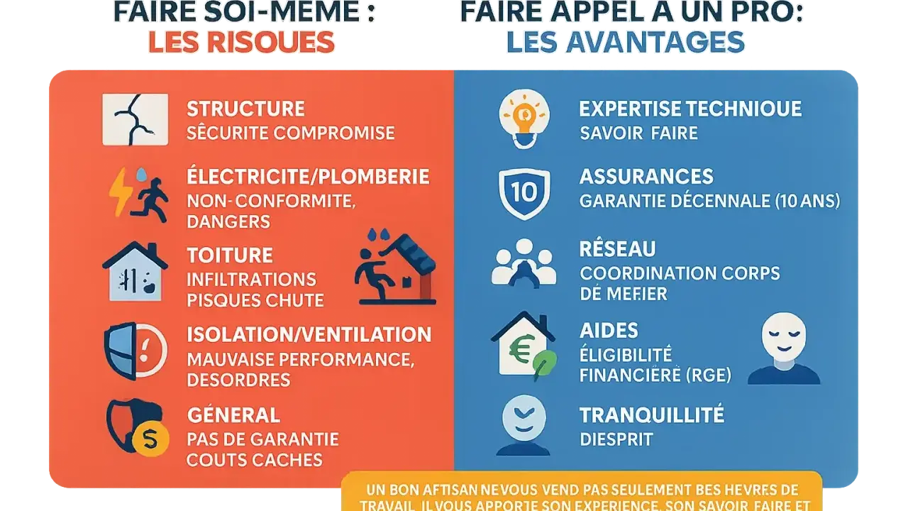 Comparaison des risques du bricolage (électricité, toiture, isolation) et des avantages de faire appel à un professionnel pour votre plan électrique maison.
