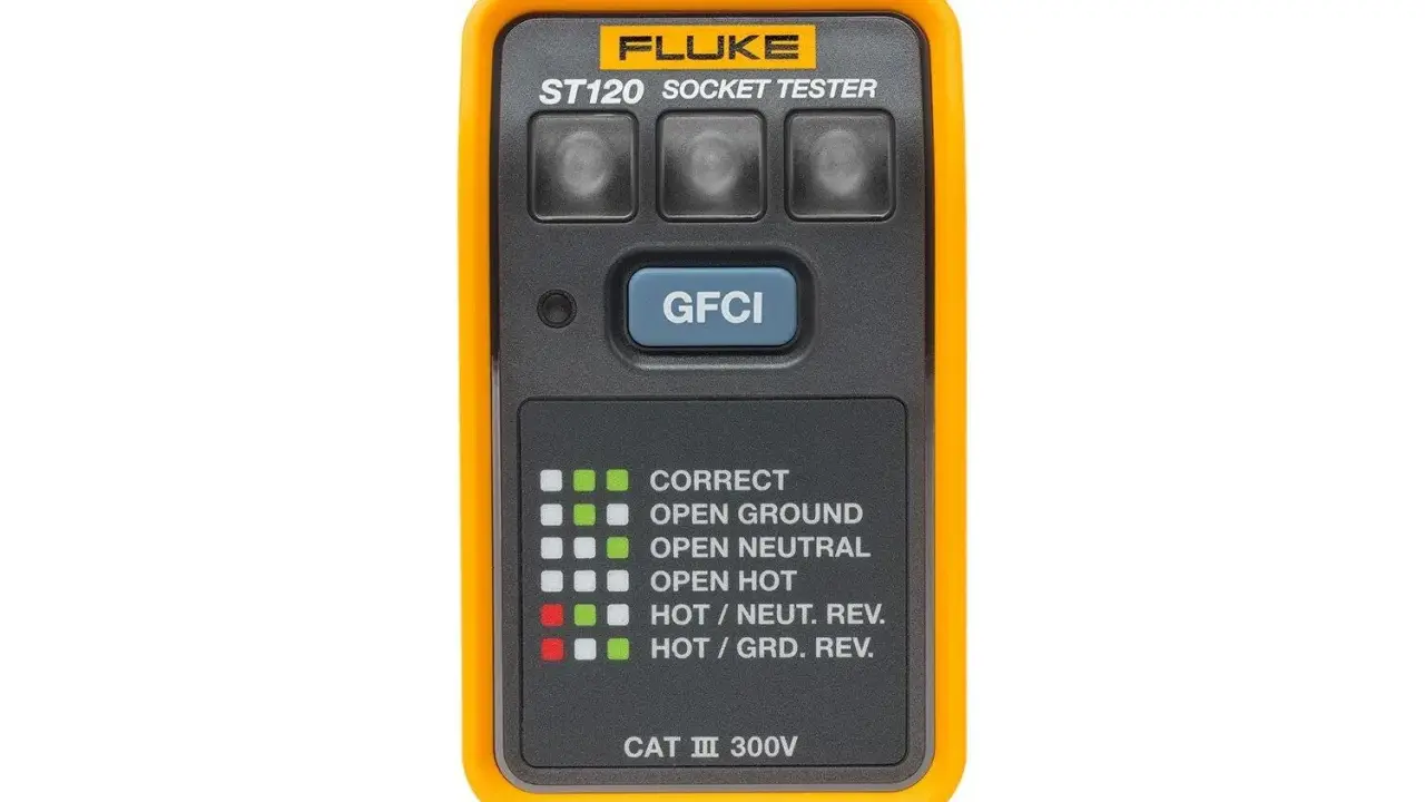 Testeur de prise Fluke ST120 pour savoir comment tester une prise électrique. Indique les défauts : terre ouverte, neutre ouvert, etc.