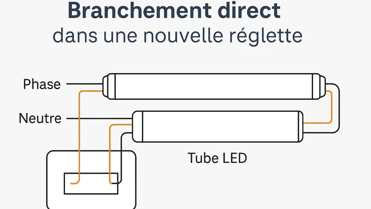 Schéma pour installer un néon LED directement dans une nouvelle réglette. Connexion phase et neutre aux tubes LED.