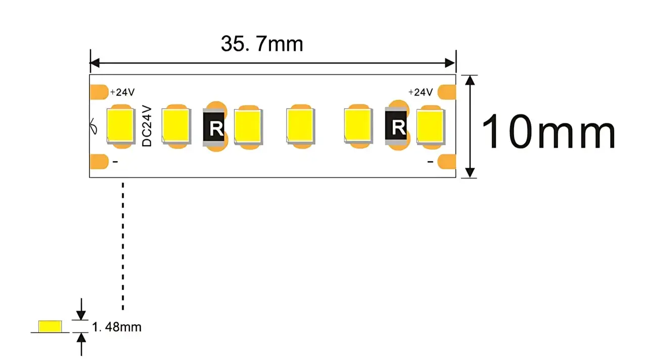 Schéma technique d'une bande LED montrant sa longueur de 35,7 mm et sa largeur de 10 mm, avec une épaisseur de 1,48 mm.