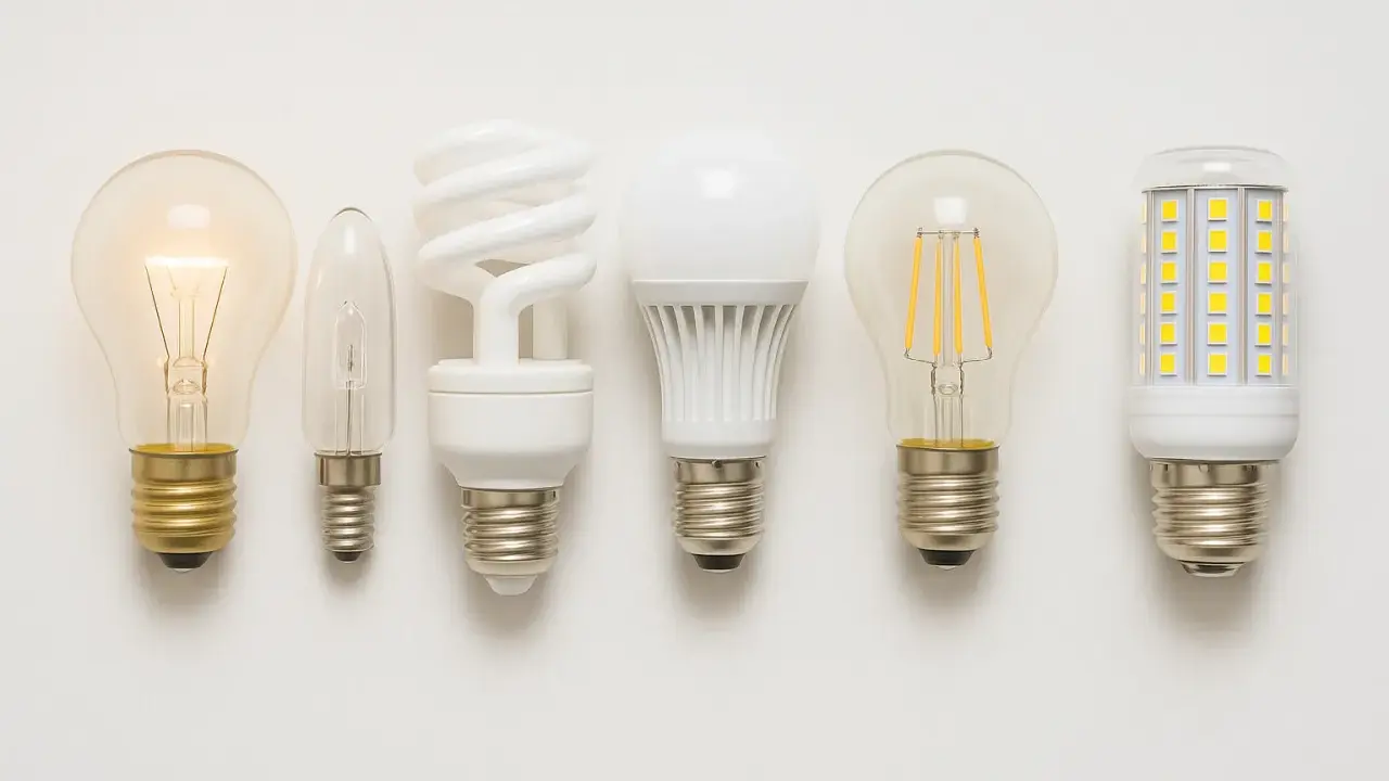 Six ampoules de différents types, dont une ampoule dimmable sur interrupteur normal, alignées sur fond blanc.
