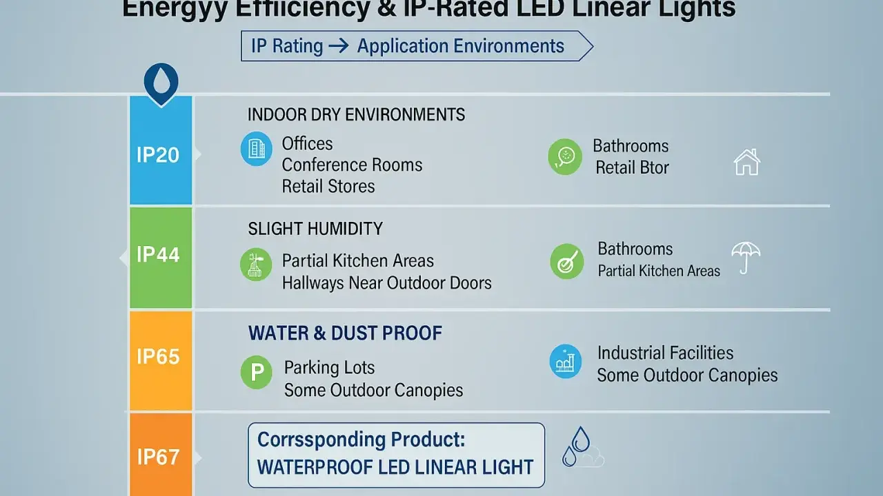 Tableau comparatif des ampoules LED linéaires : l'ampoule IP20 est idéale pour les environnements secs comme les bureaux.