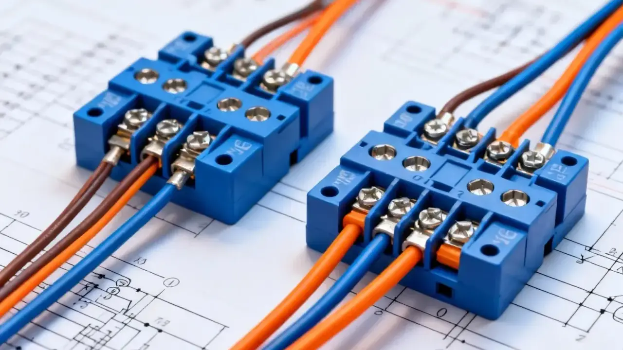 Deux blocs de connexion bleus avec des fils marron, orange et bleus connectés, sur un schéma électrique. L'en électricité est bien organisée.