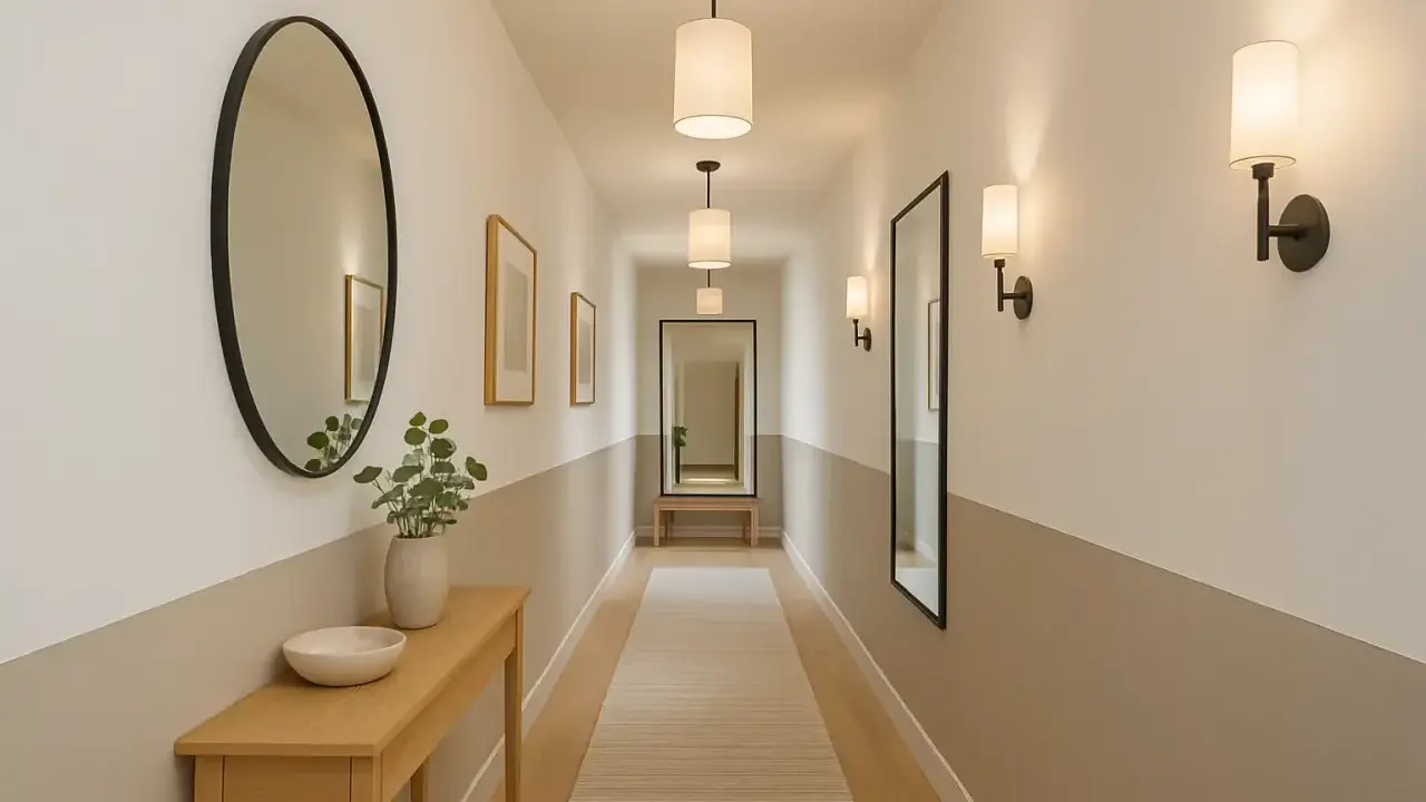 Éclairage couloir long et étroit avec appliques murales et suspensions cylindriques. Miroirs et tableaux décorent les murs.