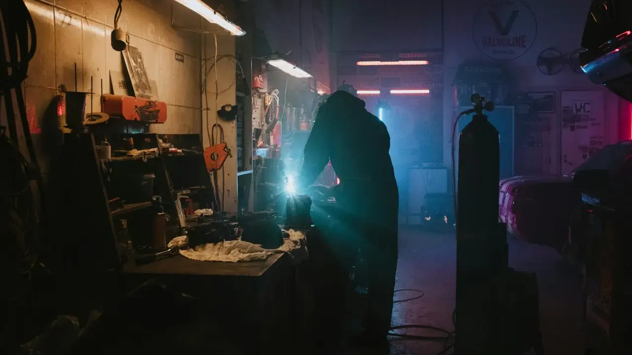 Un soudeur travaille dans un garage sombre, éclairé par des néons. La question "dans quel sens installer un néon dans un garage" plane dans l'air.