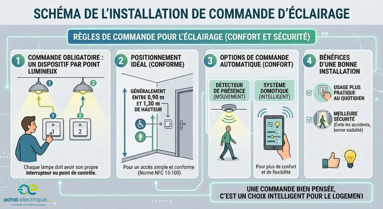 Schéma des règles de commande pour un circuit lumière : un dispositif par point lumineux, positionnement idéal, options automatiques et bénéfices.