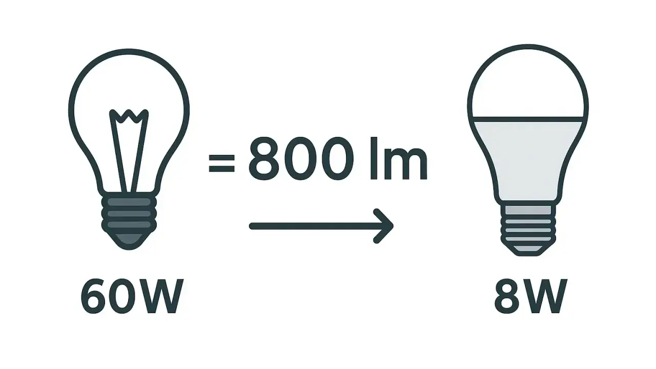 Une ampoule 60W équivaut à 800 lumens, comme une ampoule LED 8W.