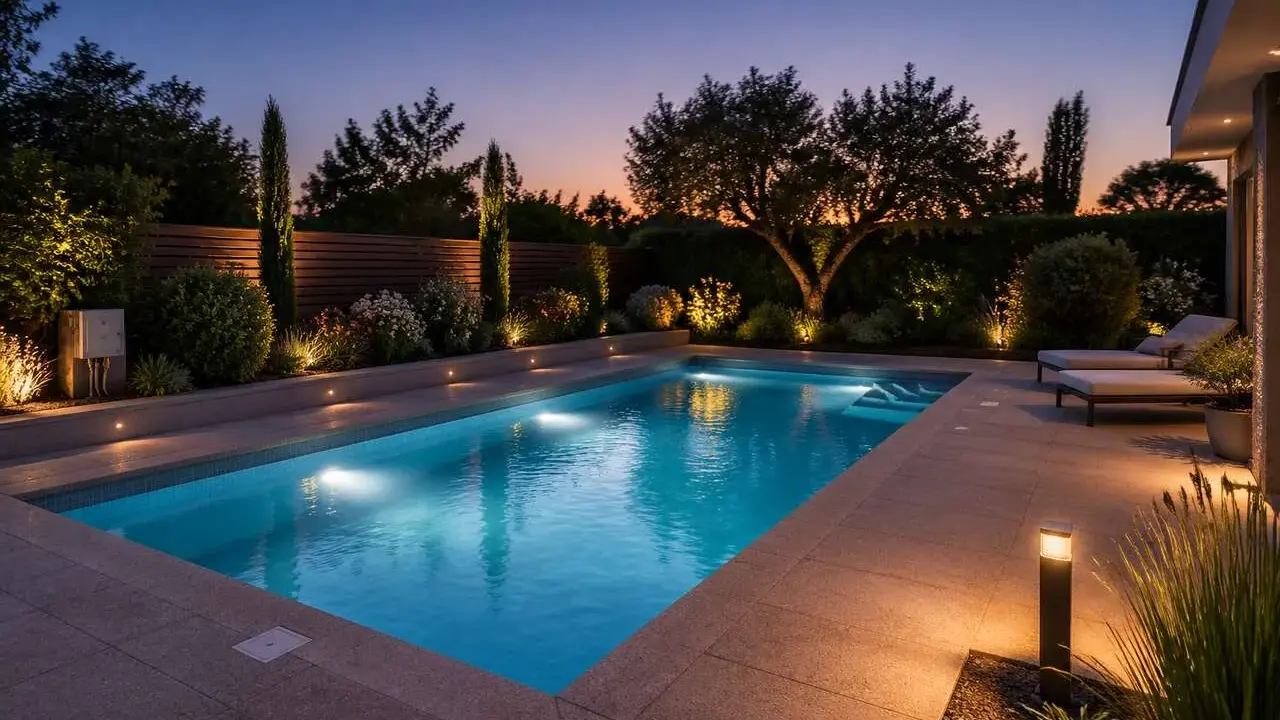Belle piscine illuminée au crépuscule. Le disjoncteur de l'éclairage piscine est visible sur la gauche, discret mais essentiel.