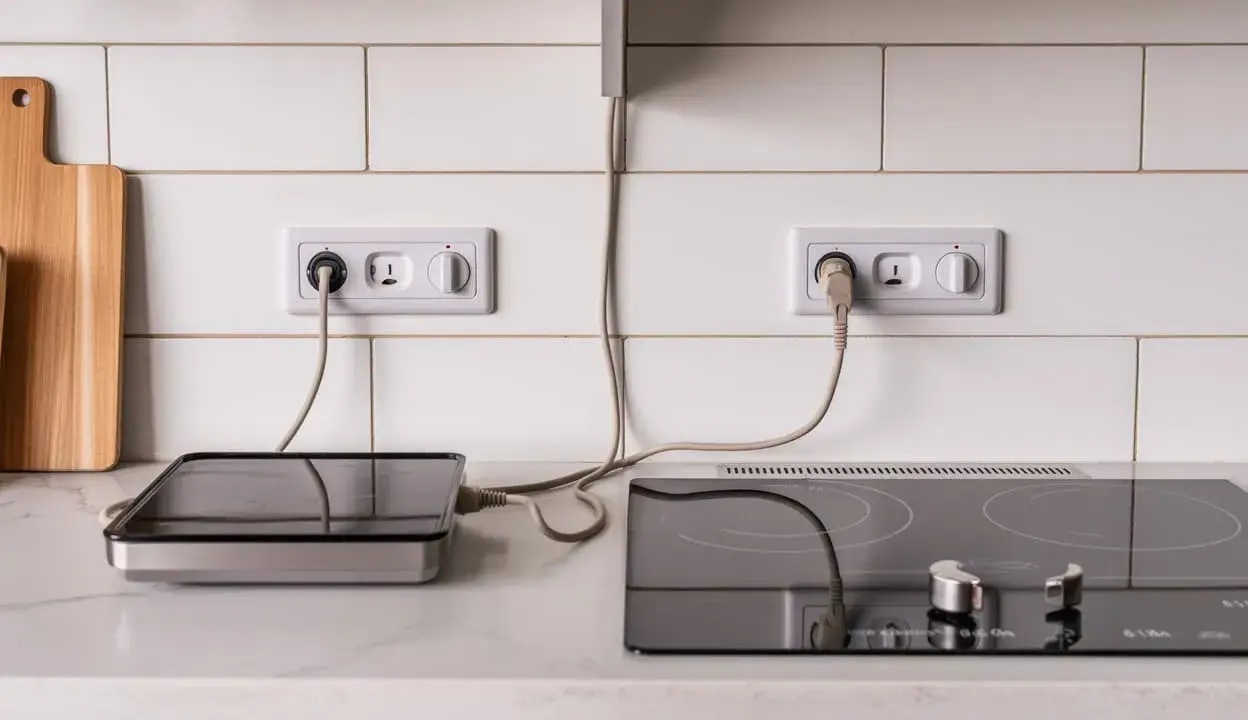 Prises électriques murales, une pour une plaque vitrocéramique, l'autre pour un appareil de cuisson portable. Le disjoncteur est visible sur la prise de la plaque.