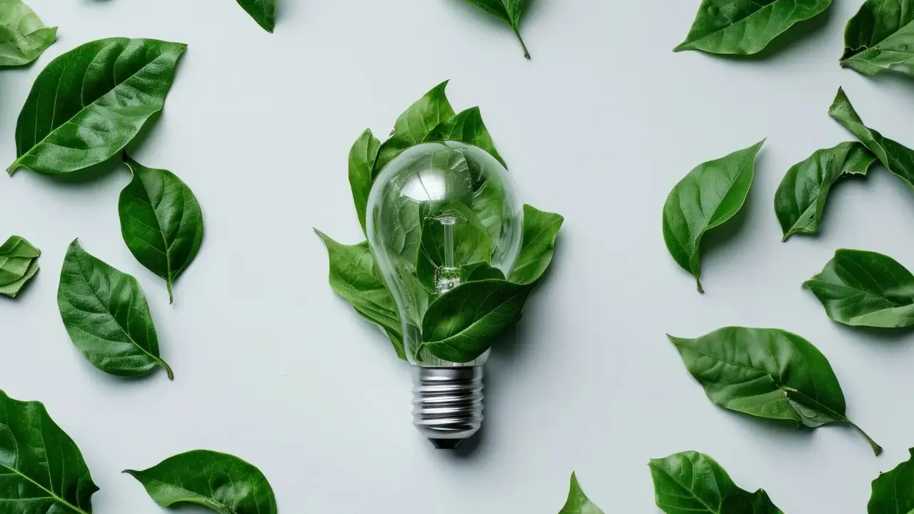Une ampoule transparente, entourée de feuilles vertes, symbolise une lampe économie d'énergie.