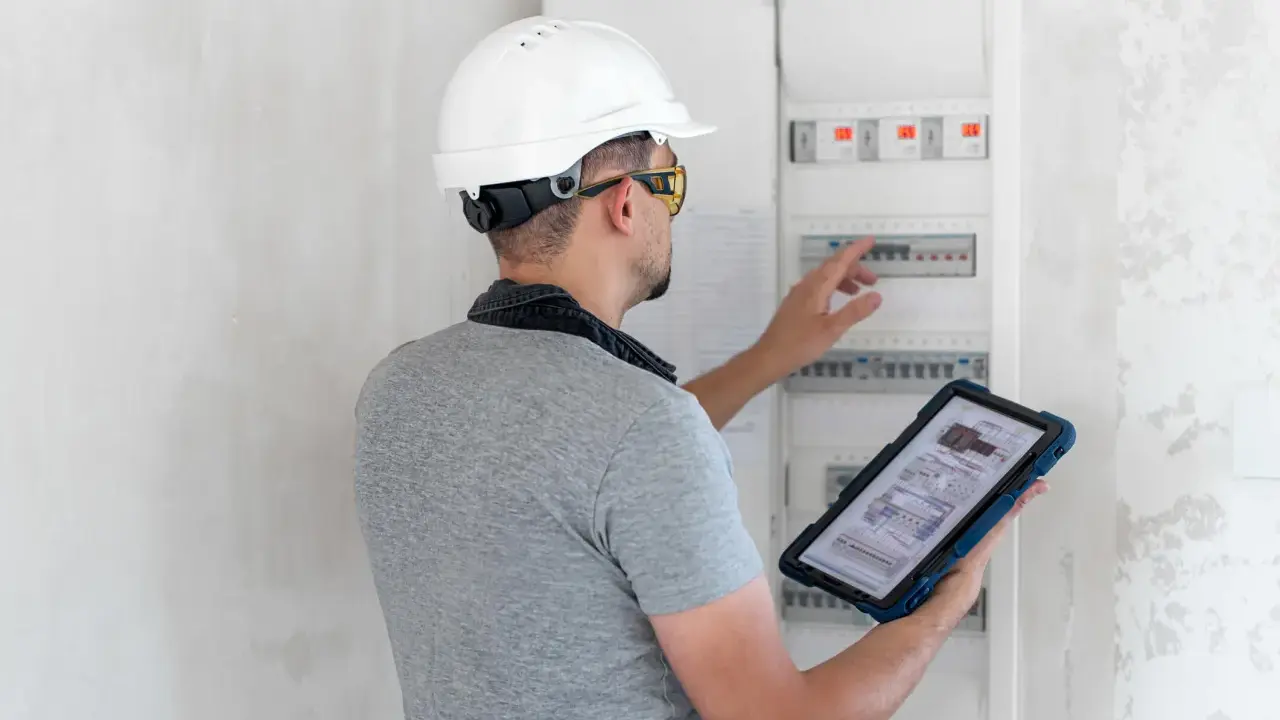 Un technicien en casque blanc consulte un schéma électrique sur sa tablette, devant un tableau de disjoncteurs. Il supervise l'installation électrique d'un nouveau gtl logement.