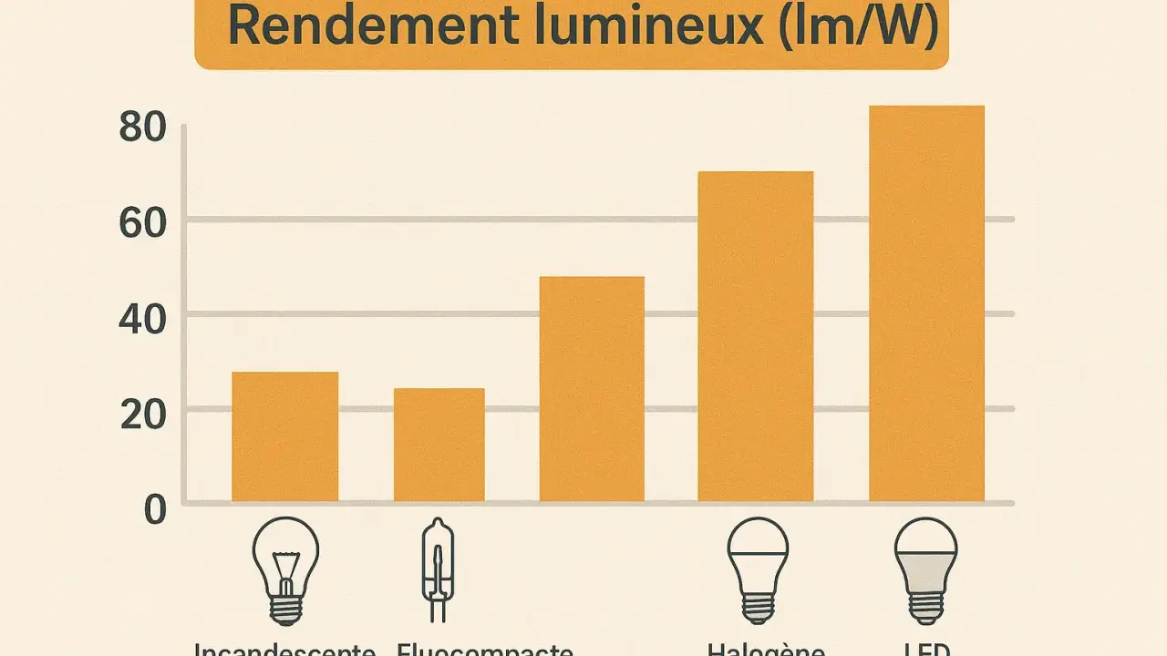 Graphique comparant le rendement lumineux des ampoules. Les LED, avec une consommation led 12v, offrent le meilleur rendement.