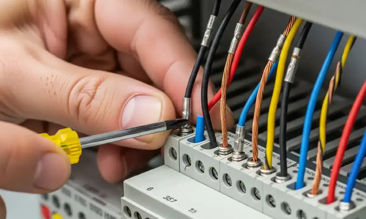 Main électrique en cours, un tournevis serre un fil sur un section cable.