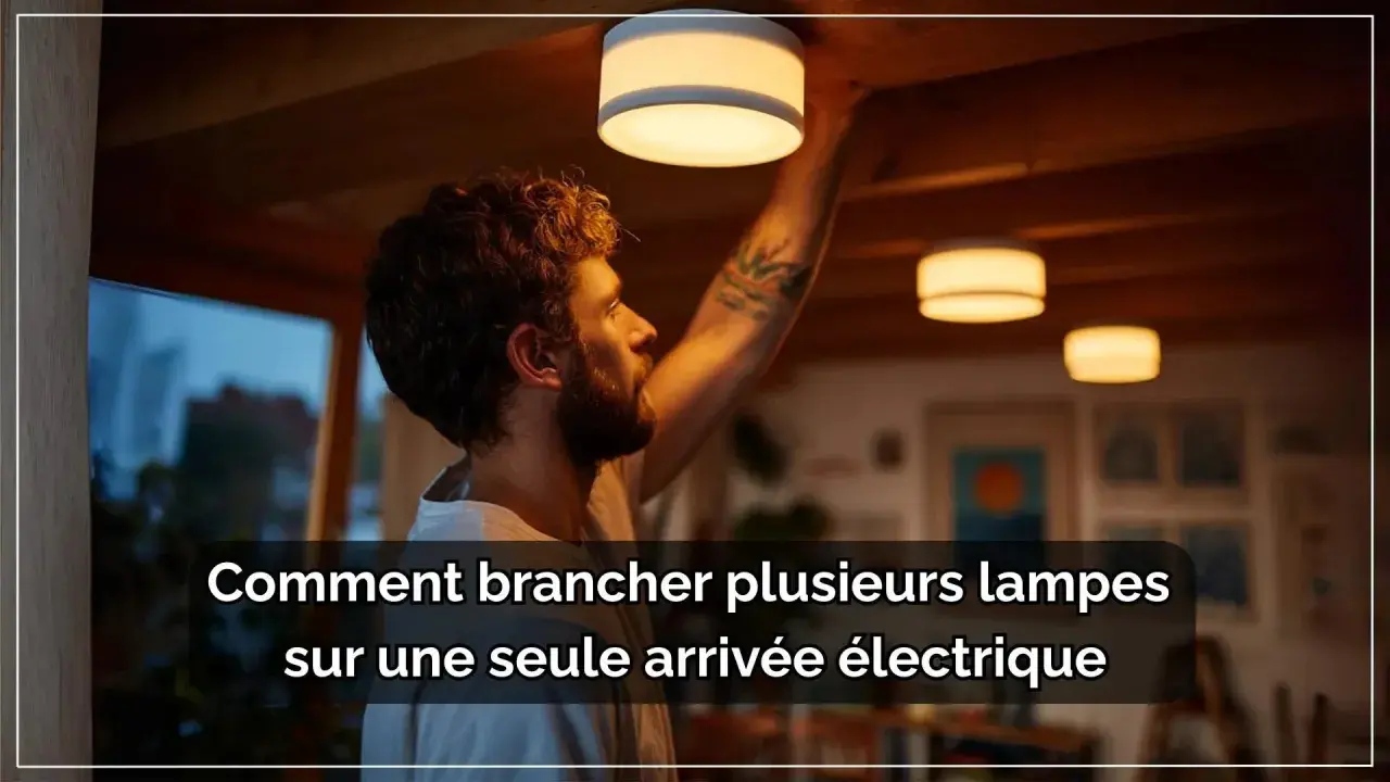 Schéma branchement 2 lampes 1 interrupteur. Un homme installe des luminaires au plafond, illustrant comment connecter plusieurs lampes à une seule arrivée électrique.