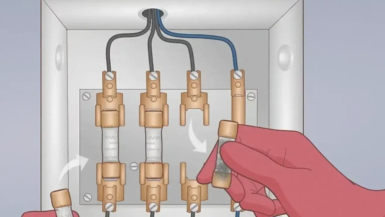Main électrique avec fusibles. Une main gantée insère un fusible, illustrant le branchement d'un ampèremètre.