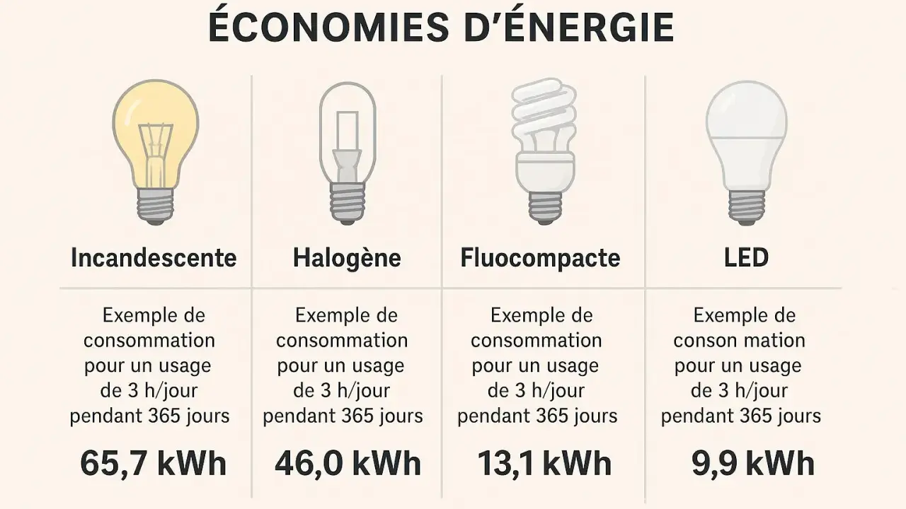 Comparaison de la consommation d'énergie des ampoules : incandescente, halogène, fluocompacte et LED. La LED offre la meilleure efficacité énergétique.