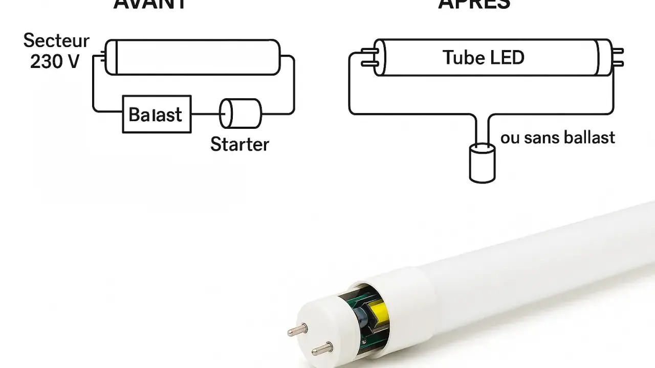 Schéma avant/après : un tube fluorescent avec ballast et starter, puis un tube LED sans ballast. L'électricité est simplifiée.