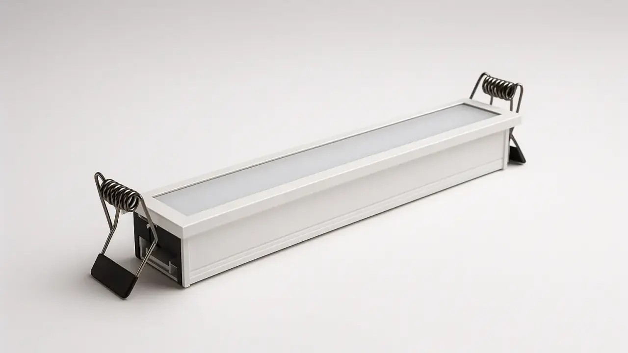 Une réglette led encastrable blanche avec des ressorts métalliques pour l'installation.