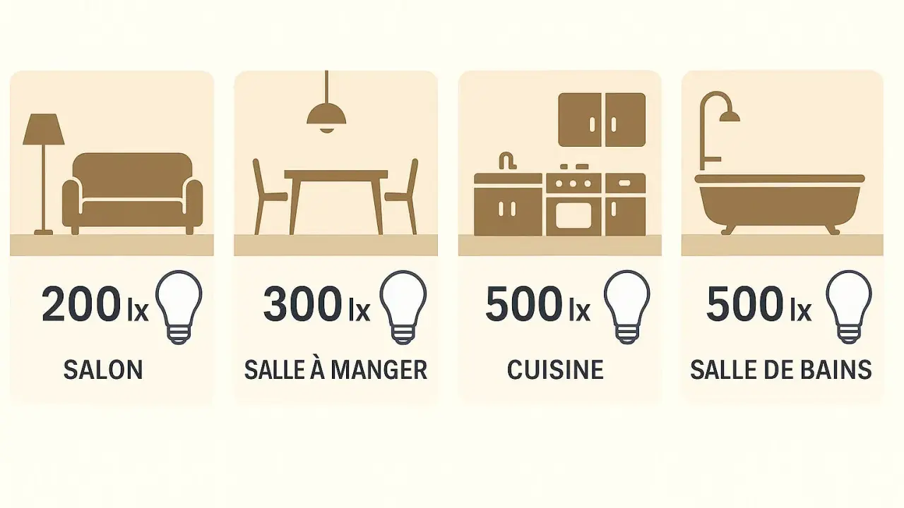 Recommandations d'éclairage : 200 lux pour le salon, 300 lux pour la salle à manger, 500 lux pour la cuisine et la salle de bains.