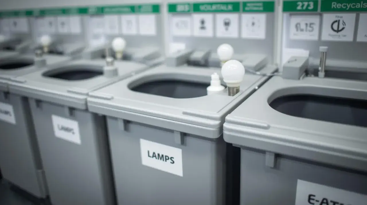 Des bacs de recyclage gris sont alignés, certains marqués "LAMPS". Des ampoules sont posées sur le dessus, indiquant où jeter les ampoules usagées.