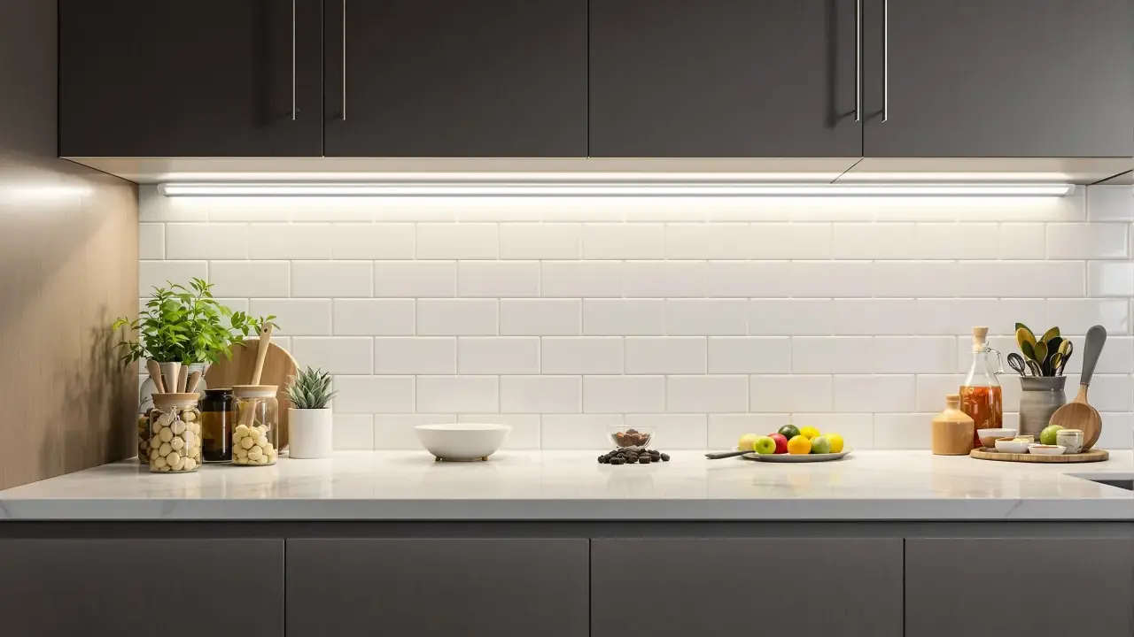 Éclairage subtil sous les armoires sombres, mettant en valeur le carrelage blanc et les objets décoratifs. Une **reglette LED design** illumine la cuisine.