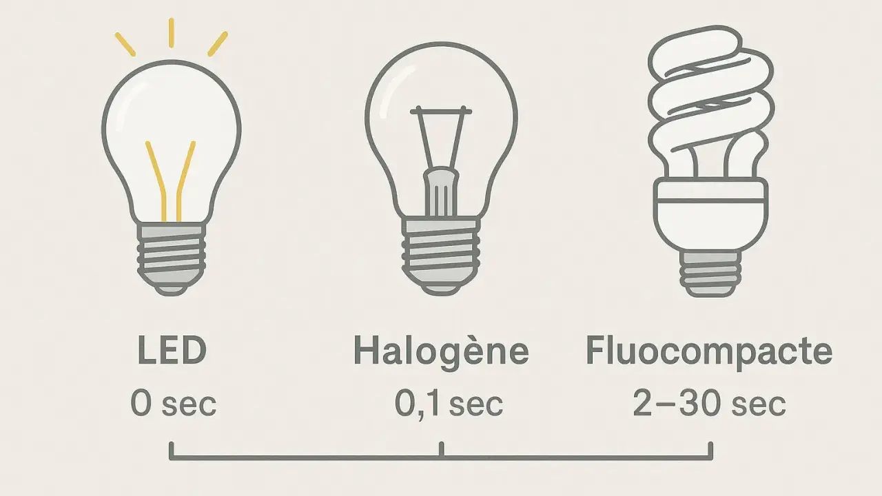 Comment reconnaître une ampoule LED : elle s'allume instantanément (0 sec), contrairement aux halogènes (0,1 sec) et fluocompactes (2-30 sec).