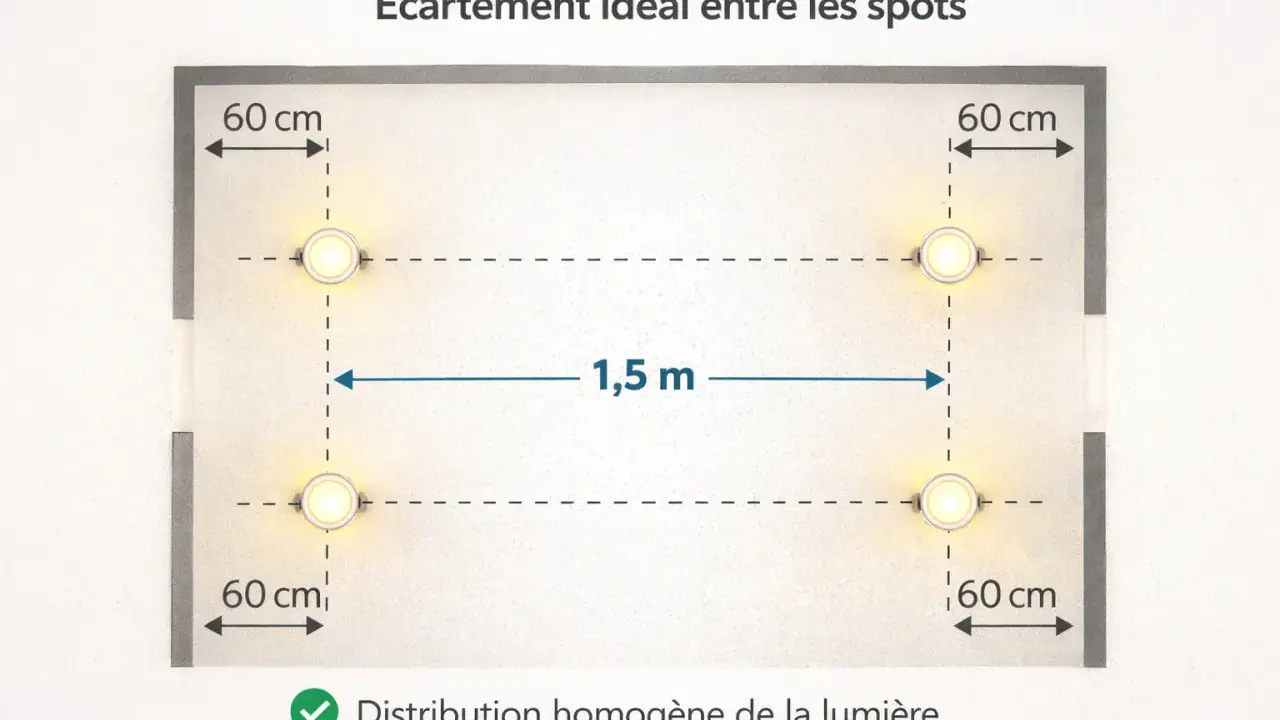 Schéma montrant l'espacement idéal des spots encastrables : 60 cm des murs et 1,5 m entre eux pour une lumière homogène.