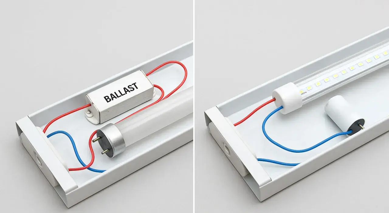 Comparaison : tube fluorescent avec ballast vs tube LED. Faut-il un starter pour un tube LED ? Non, le tube LED n'en a pas besoin.