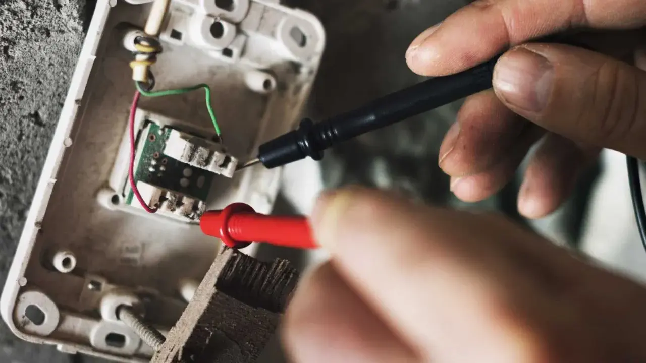 Mains électriques sous tension, un technicien vérifie un fusible qui chauffe avec un multimètre.