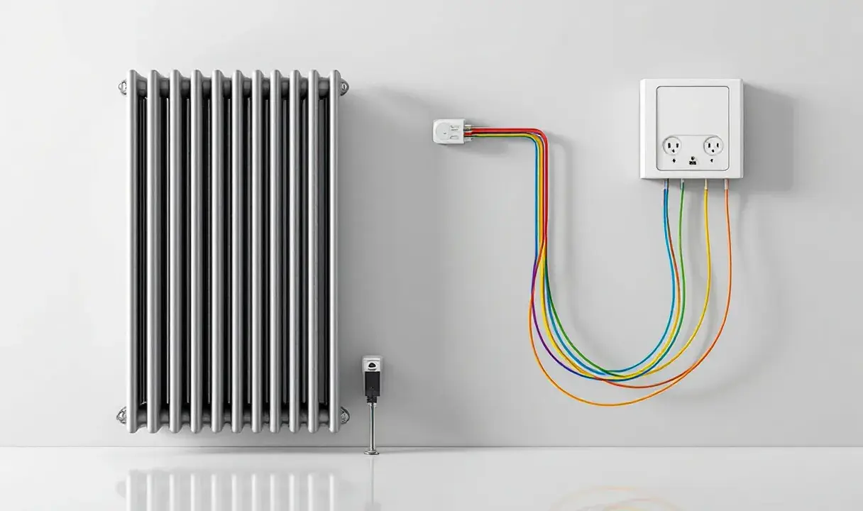 Radiateur électrique argenté relié par des câbles colorés à une prise murale. L'alimentation du radiateur électrique est assurée par ce système.