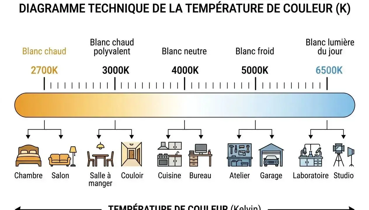 Diagramme de température de couleur, du blanc chaud (2700K) pour une ambiance cosy, au blanc lumière du jour (6500K) pour un laboratoire.