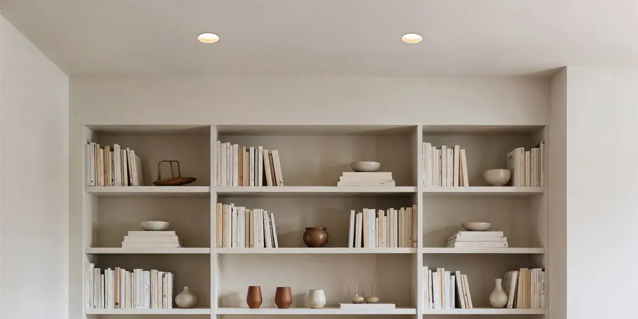 Éclairage discret d'un faux plafond avec spots encastrés, illuminant des étagères remplies de livres et d'objets décoratifs.