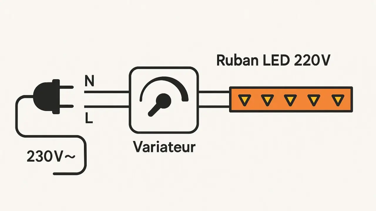 Schéma montrant comment installer un variateur de lumière sur un ruban LED 220V. Le montage comprend une prise, un variateur et le ruban LED.