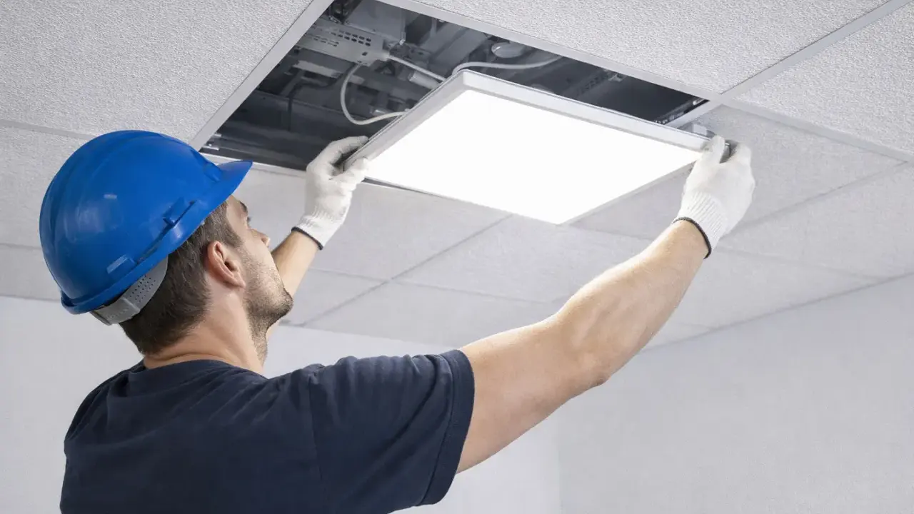 Un ouvrier installe une dalle LED design dans un faux plafond.
