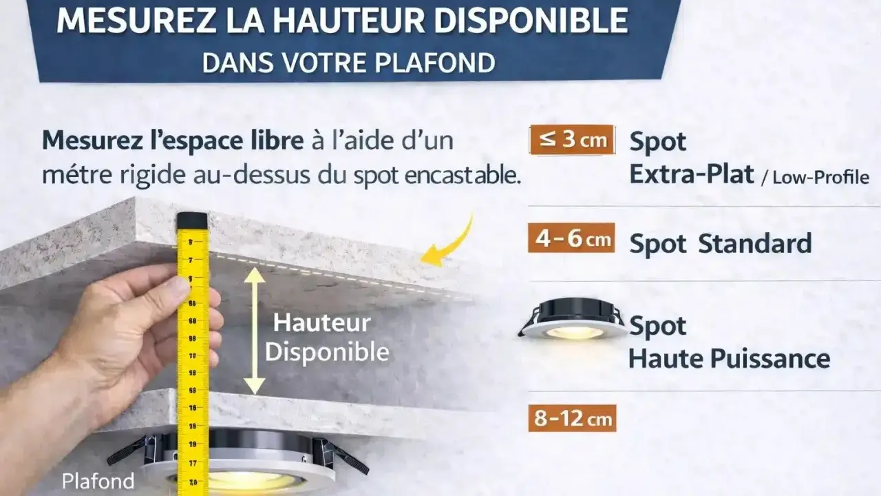 Mesure de la hauteur minimum faux plafond pour spot. Un mètre mesure l'espace disponible au-dessus d'un spot encastré.