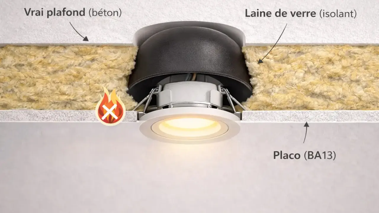 Détail d'un spot encastré dans un plafond Placo, avec isolant en laine de verre. Attention au risque d'incendie si mal installé.
