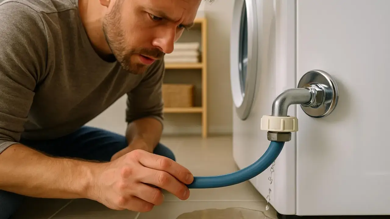 Un homme inquiet examine une fuite d'eau sous sa machine à laver. La prise d'eau semble défectueuse.
