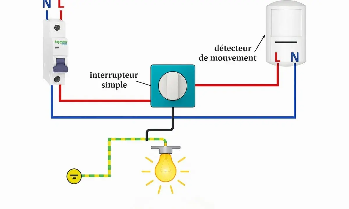 Schéma de branchement d'un projecteur avec détecteur de mouvement, interrupteur simple et disjoncteur.