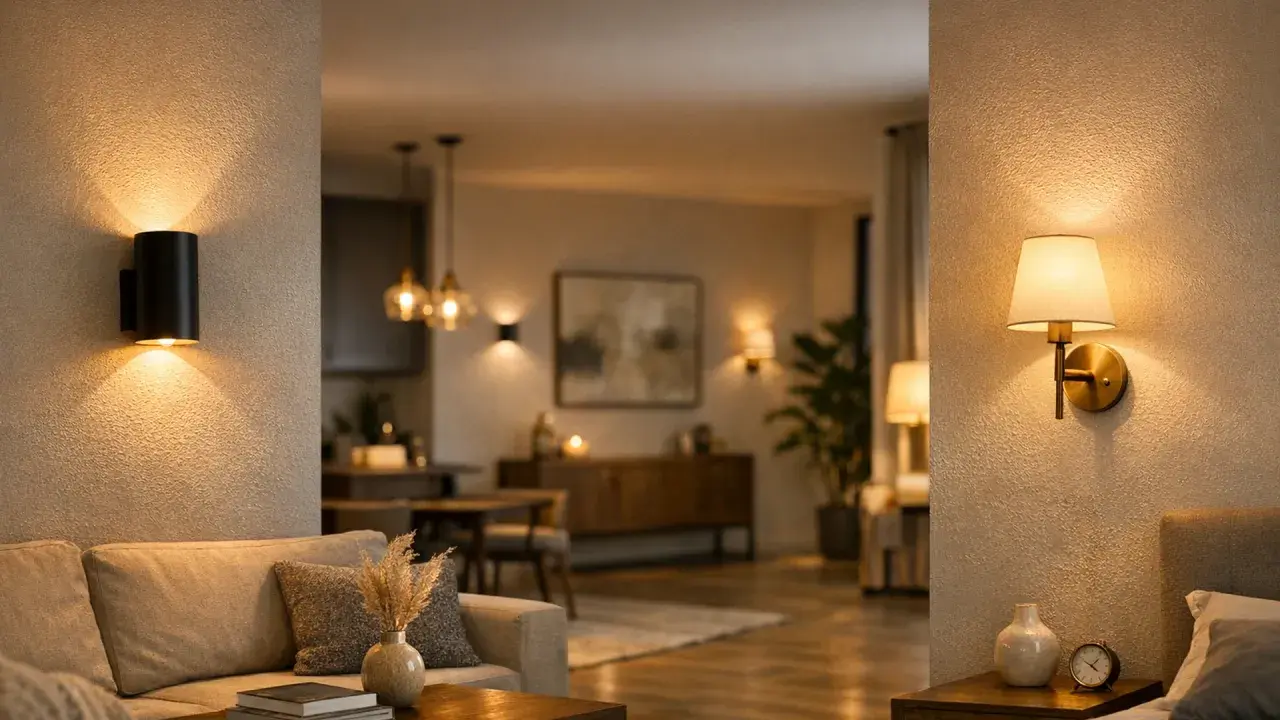 Appliques murales modernes, une noire en saillie et une dorée en applique, éclairent un salon cosy et une salle à manger chaleureuse.
