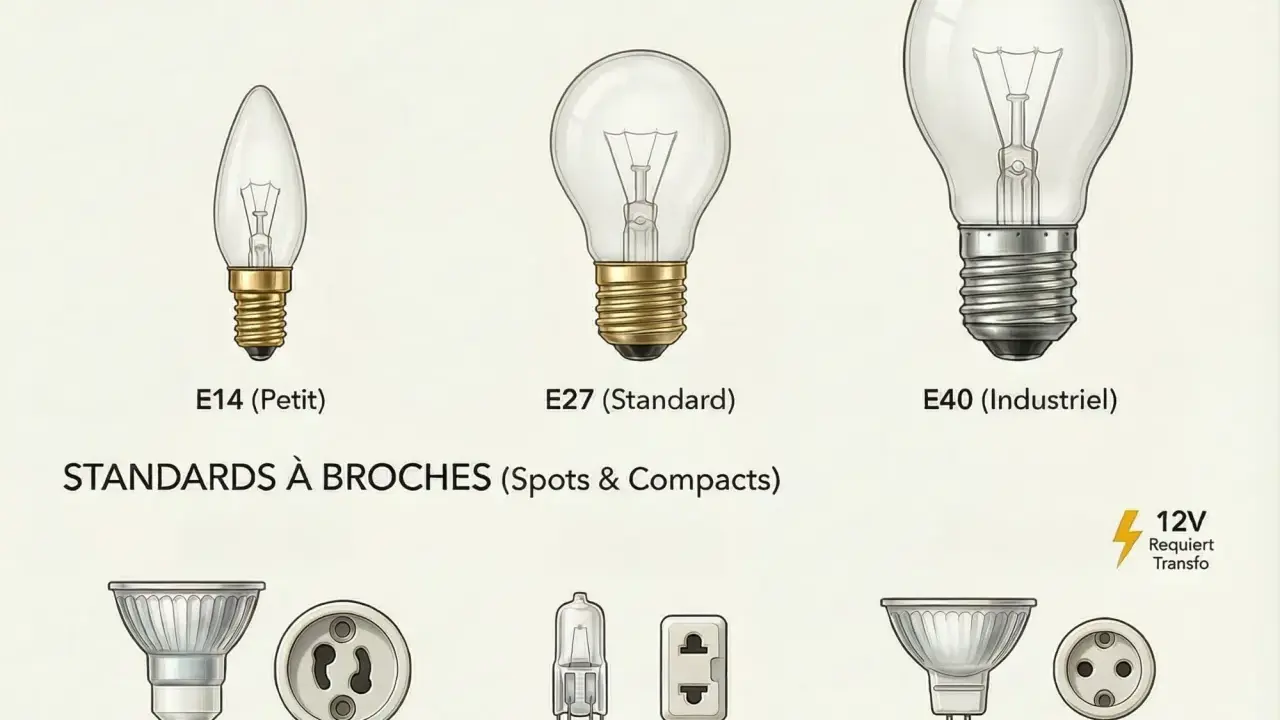 Différents types d'ampoules et leurs douilles : E14, E27, E40 à vis, et GU10, G9, GU5.3 à broches.