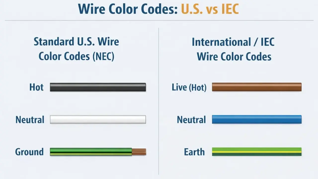 Comparaison des codes de couleur fil électrique : US (noir, blanc, vert) vs IEC (marron, bleu, vert/jaune).
