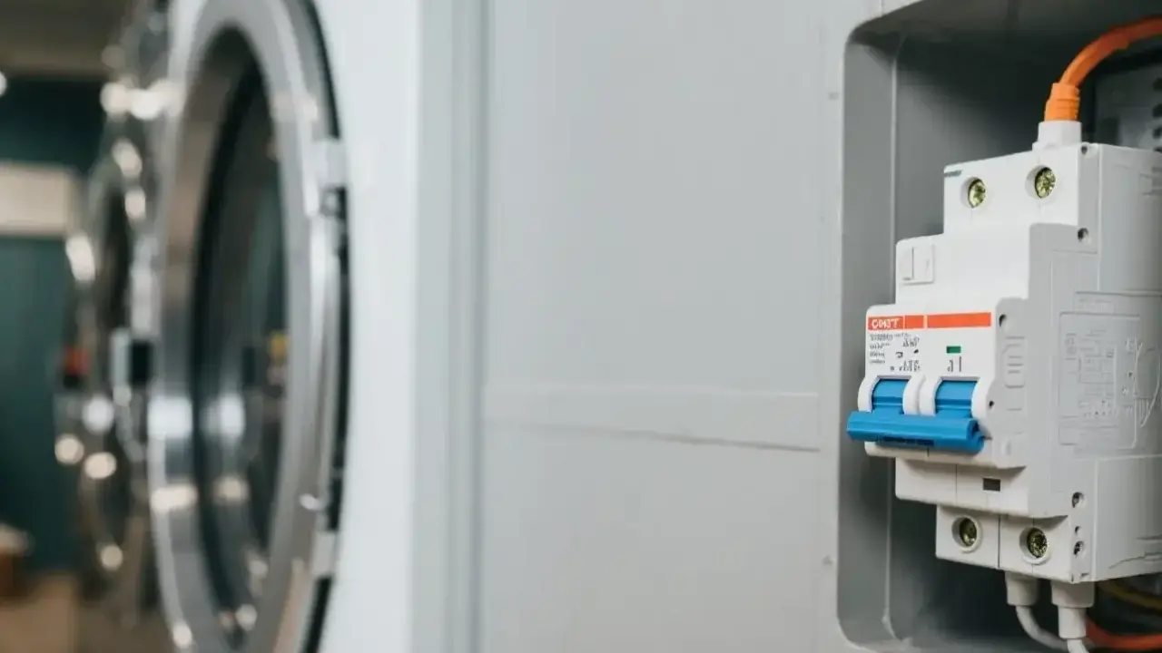 Disjoncteur machine à laver, prêt à protéger l'appareil. L'image montre un disjoncteur blanc et bleu, avec des fils orange et jaunes connectés, à côté d'une machine à laver.