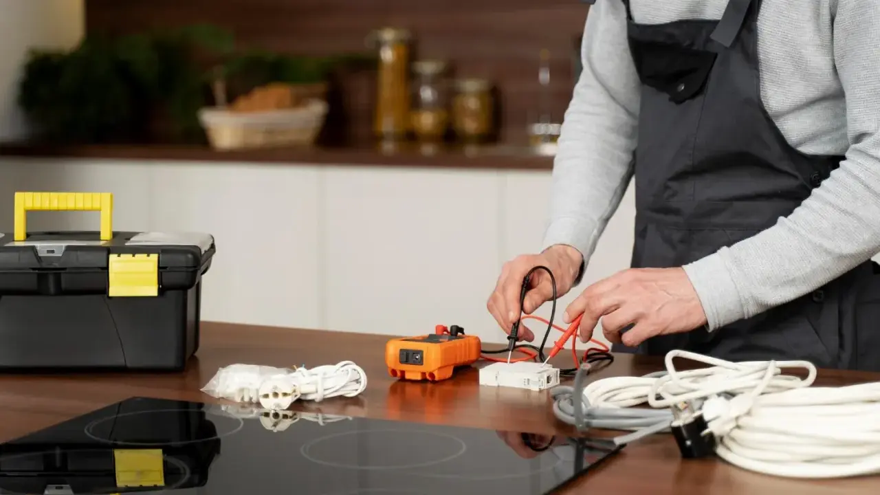 Un technicien vérifie un fusible pour plaque induction avec un multimètre. Outils et câbles à proximité.