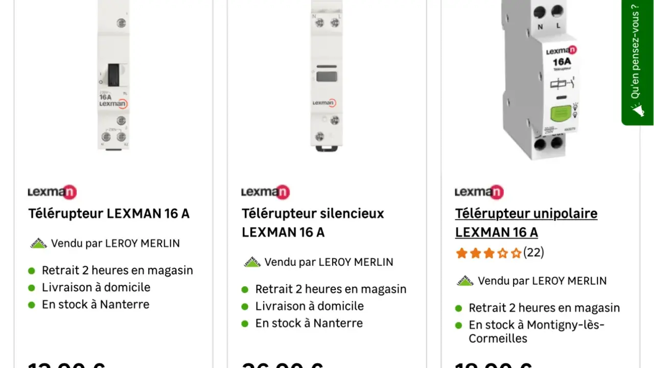 Trois télérupteurs LEXMAN 16 A, pour gérer l'éclairage à distance. Découvrez à quoi sert un télérupteur.