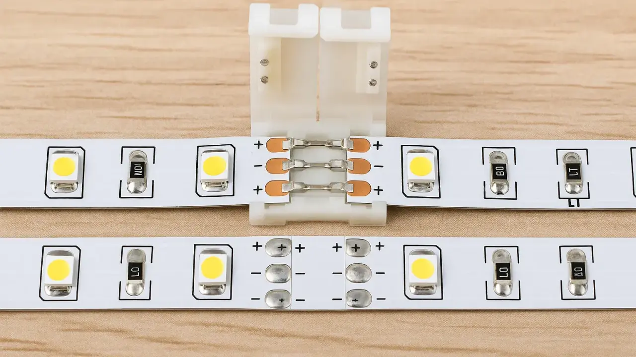 Connecteur pour montrer comment brancher plusieurs LED ensemble. Des bandes LED blanches avec des composants électroniques sont visibles.