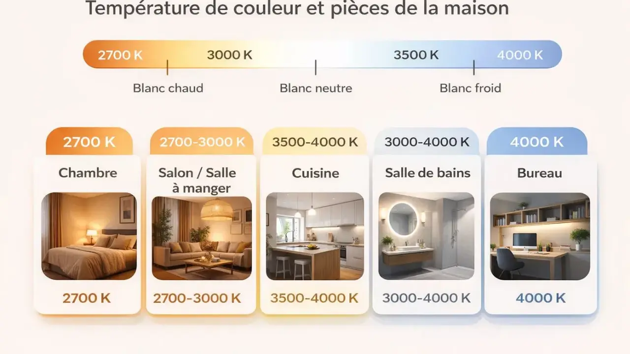 Guide des températures de couleur pour chaque pièce : chambre (blanc chaud), salon (blanc neutre), cuisine et salle de bains (blanc neutre à froid), bureau (blanc froid).
