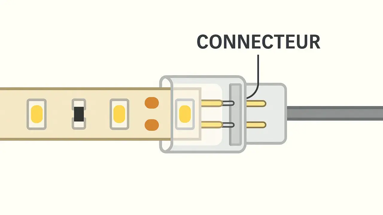 Connexion d'un ruban LED avec un connecteur pour branchement direct.