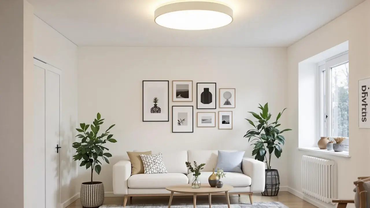 Salon moderne avec un canapé blanc, des plantes vertes et un éclairage doux d'une **led plate** au plafond.