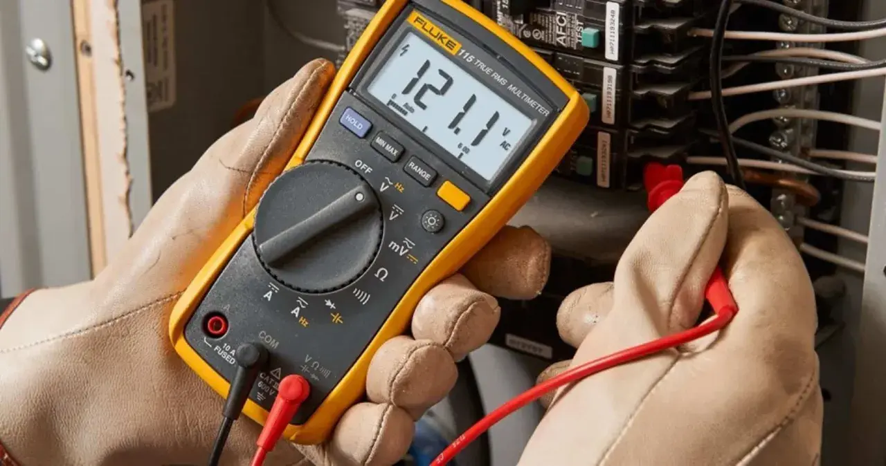 Un électricien utilise un multimètre pour mesurer la tension. Il cherche à comment reconnaître la phase du neutre en testant les fils d'un panneau électrique.